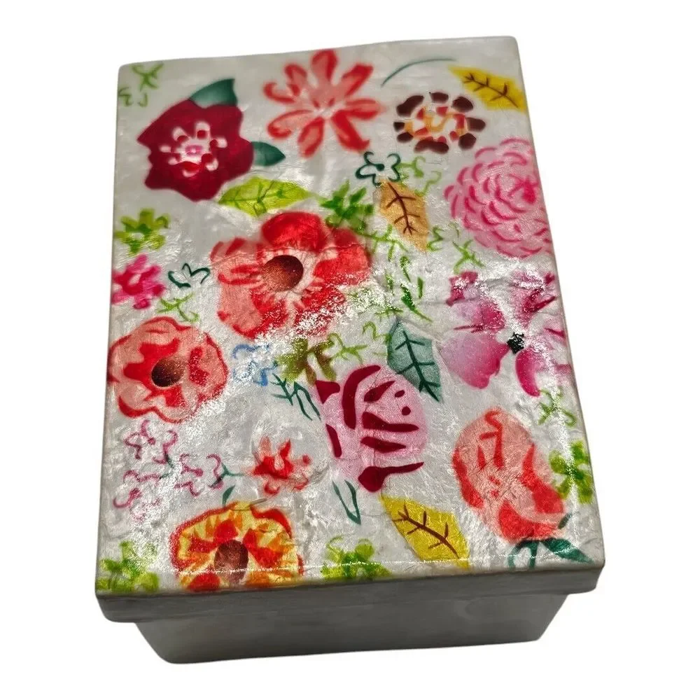 Capiz Oyster Mother of Pearl Shell Box Red Pink Floral Design Lid‎ Trinket Box